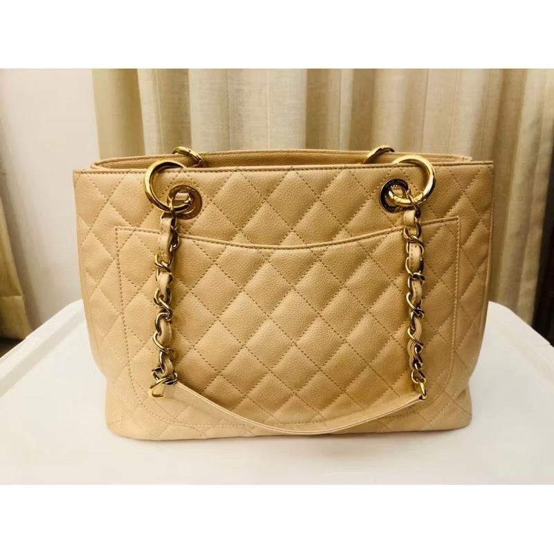 CHANEL 香奈兒荔枝皮奶茶色GST單肩包 荔枝皮金鍊豆腐包 二手-1