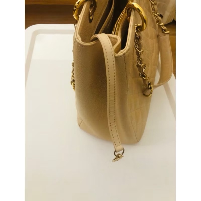 CHANEL 香奈兒荔枝皮奶茶色GST單肩包 荔枝皮金鍊豆腐包 二手-2