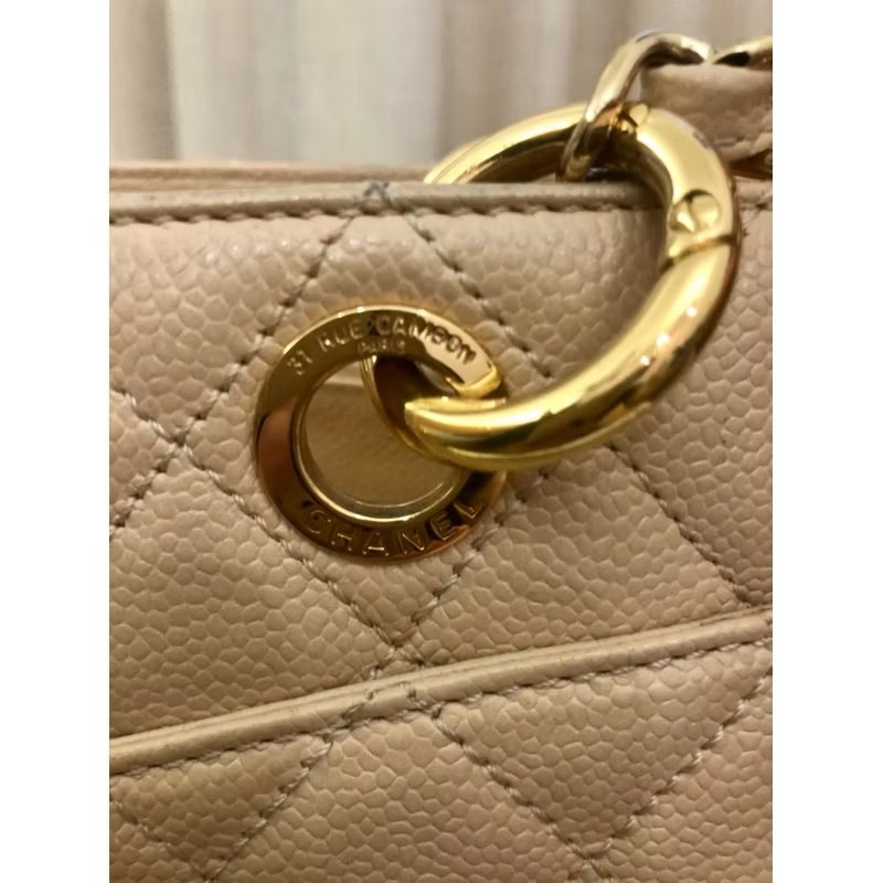 CHANEL 香奈兒荔枝皮奶茶色GST單肩包 荔枝皮金鍊豆腐包 二手-6