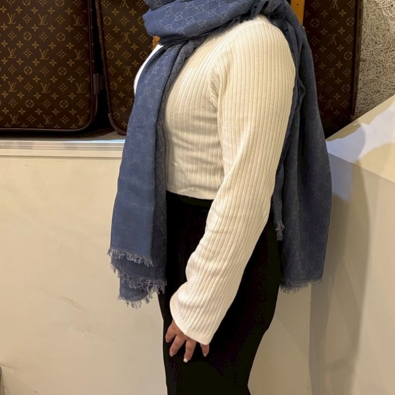 Gucci 藍色GG 印花 寬圍巾-4