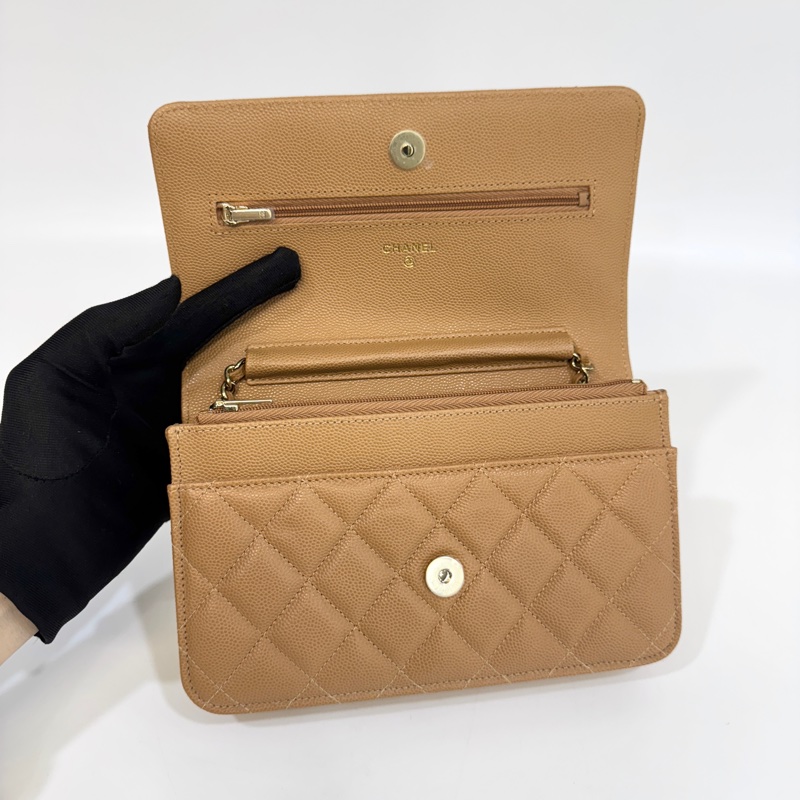 🥨香奈兒Chanel深奶茶色荔枝牛皮淡金釦woc鏈包 AP0250-6