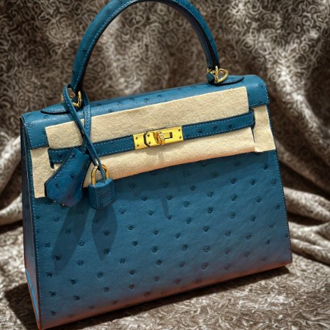【精選天菜】HERMES 25CM KELLY 鴕鳥皮 極美希臘藍-0
