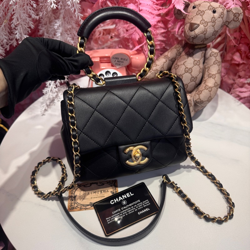 Chanel CF手提黑金方胖斜背包/王吉娜古董精品-0