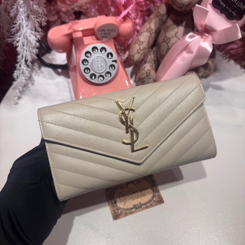 YSL 米灰荔枝長夾/王吉娜古董精品-0