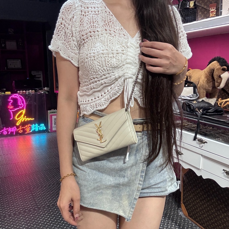 YSL 米灰荔枝長夾/王吉娜古董精品-1