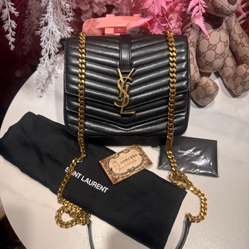 YSL 墨綠金方胖斜背包/王吉娜古董精品-0