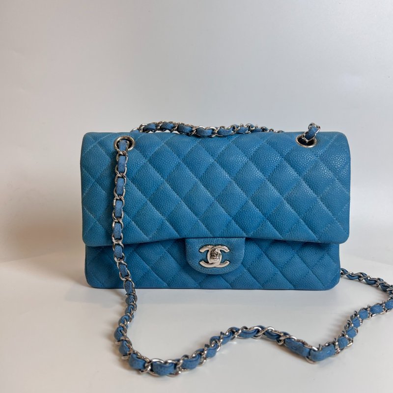 CHANEL CF25 荔枝單肩包藍18開-0