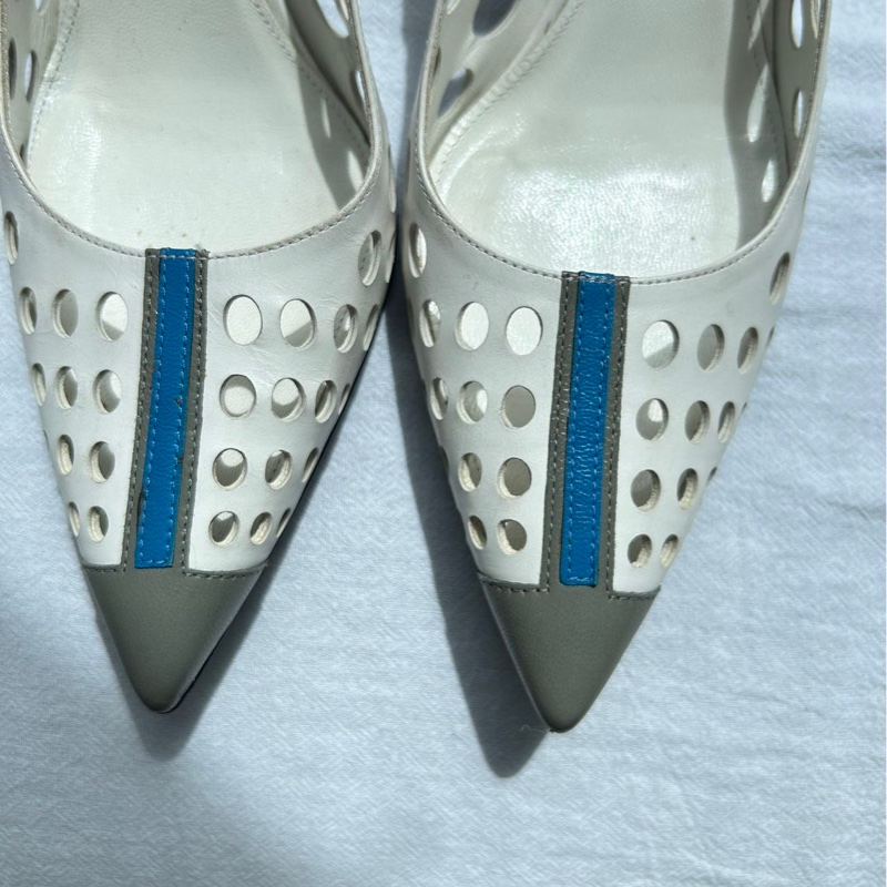 普拉達包頭涼鞋，36.5碼，白色拼色設計，-6