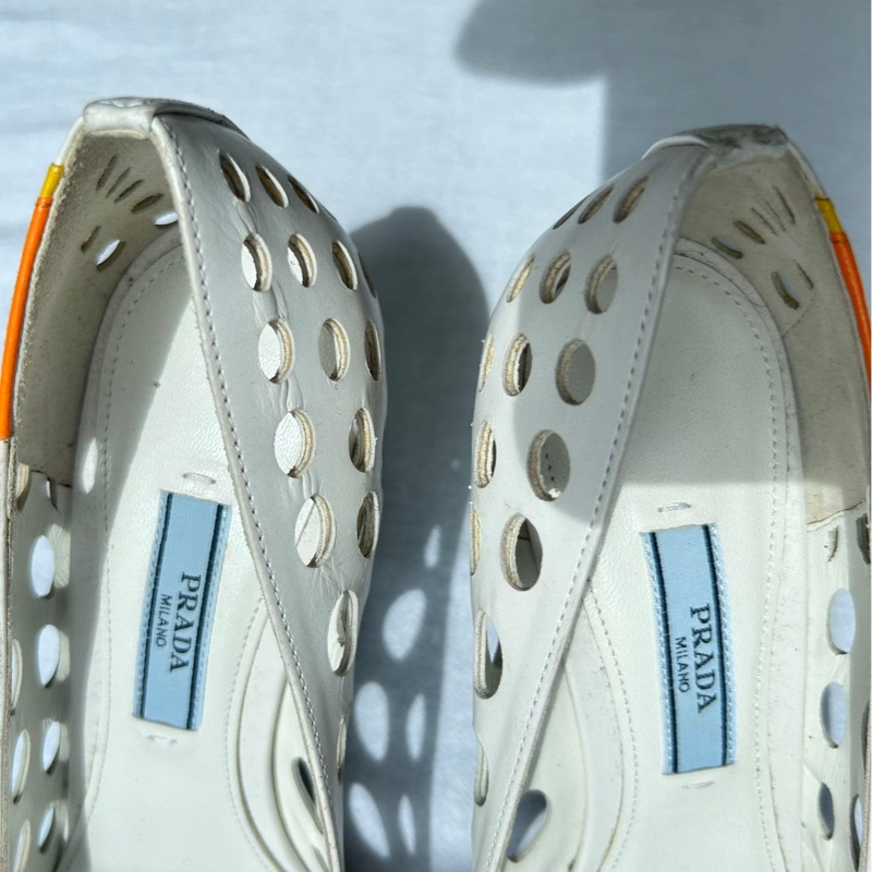 普拉達包頭涼鞋，36.5碼，白色拼色設計，-12