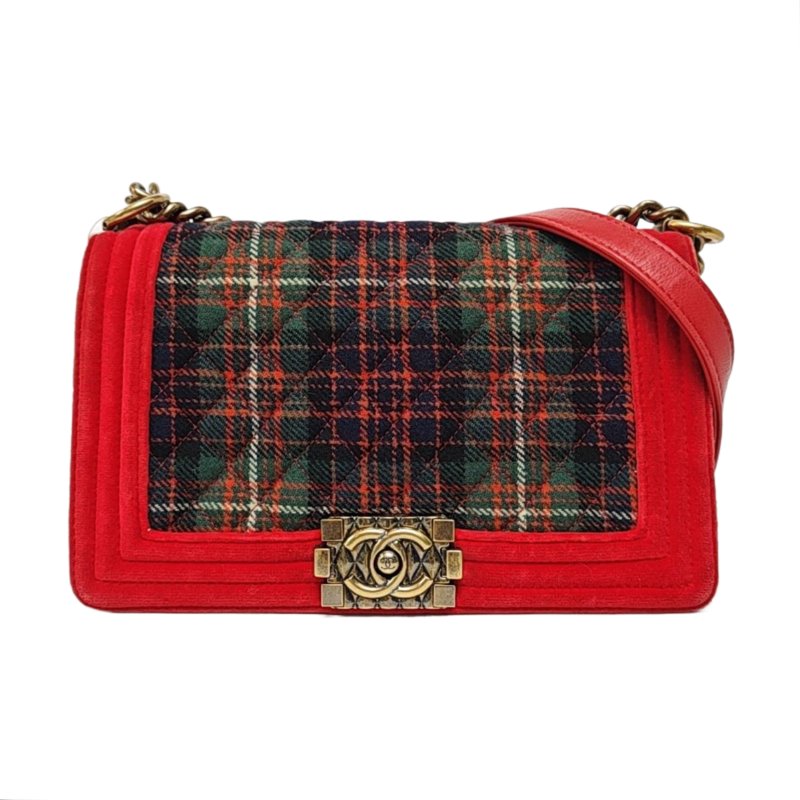 CHANEL LEBOY 中號 拼色織物菱格紋斜背包肩背包 金色五金-0