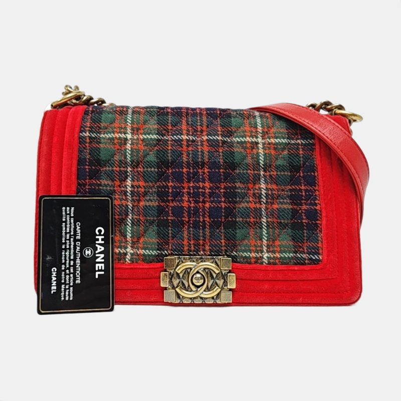 CHANEL LEBOY 中號 拼色織物菱格紋斜背包肩背包 金色五金-6