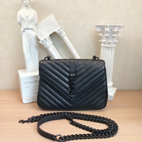YSL聖羅蘭 College郵差包 斜背包 肩背包 黑色V紋中號 底長24cm