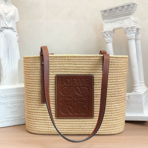 Loewe羅意威 草編菜籃子托特 手提包 肩背包 棕色牛皮手柄 底長27cm