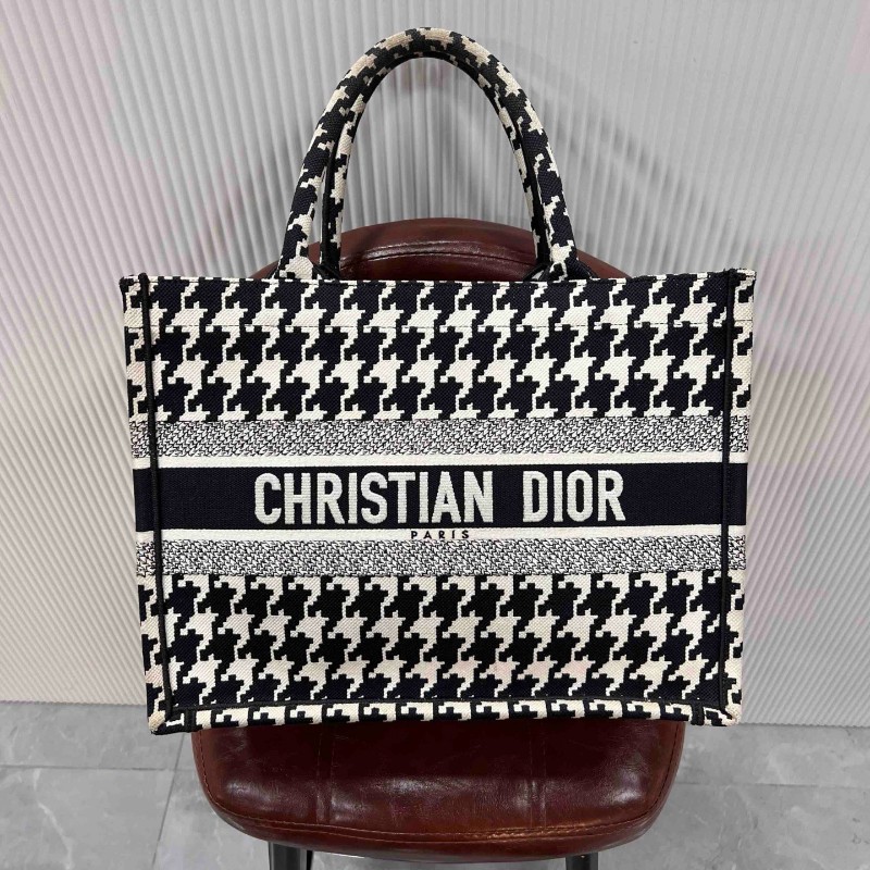 迪奧 Book tote 中號托特包 黑白千鳥格刺繡 手提包-1