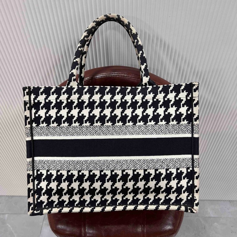 迪奧 Book tote 中號托特包 黑白千鳥格刺繡 手提包-3