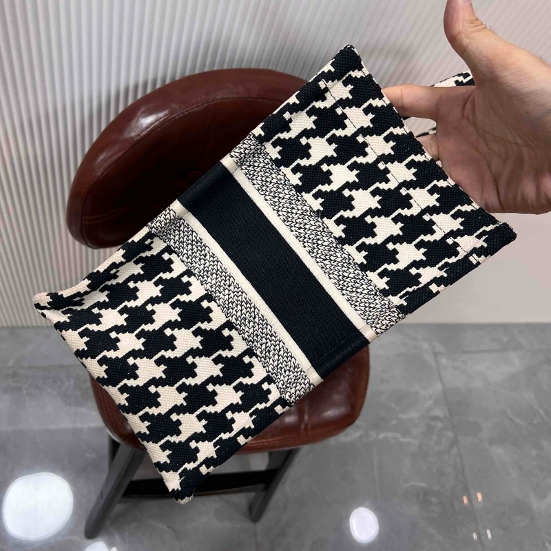迪奧 Book tote 中號托特包 黑白千鳥格刺繡 手提包-4