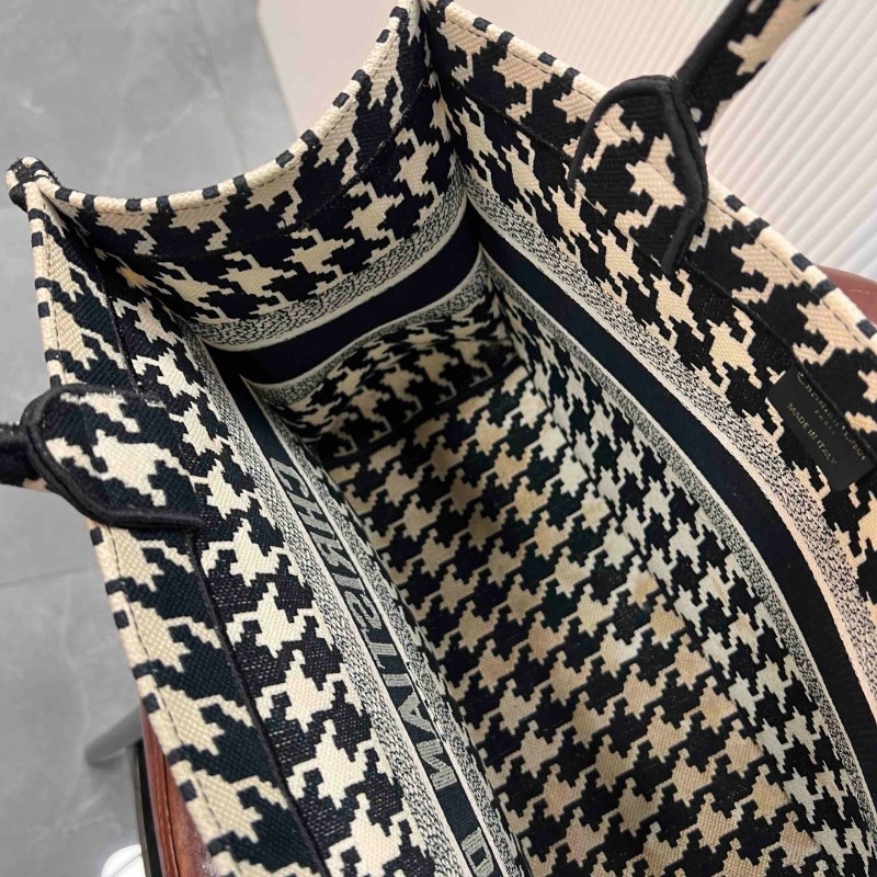 迪奧 Book tote 中號托特包 黑白千鳥格刺繡 手提包-12
