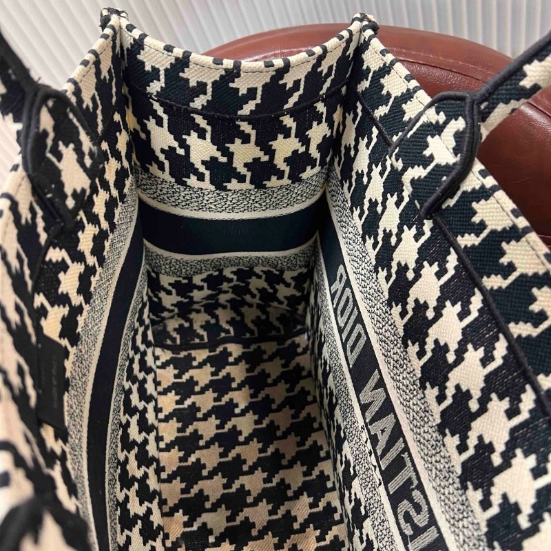 迪奧 Book tote 中號托特包 黑白千鳥格刺繡 手提包-13