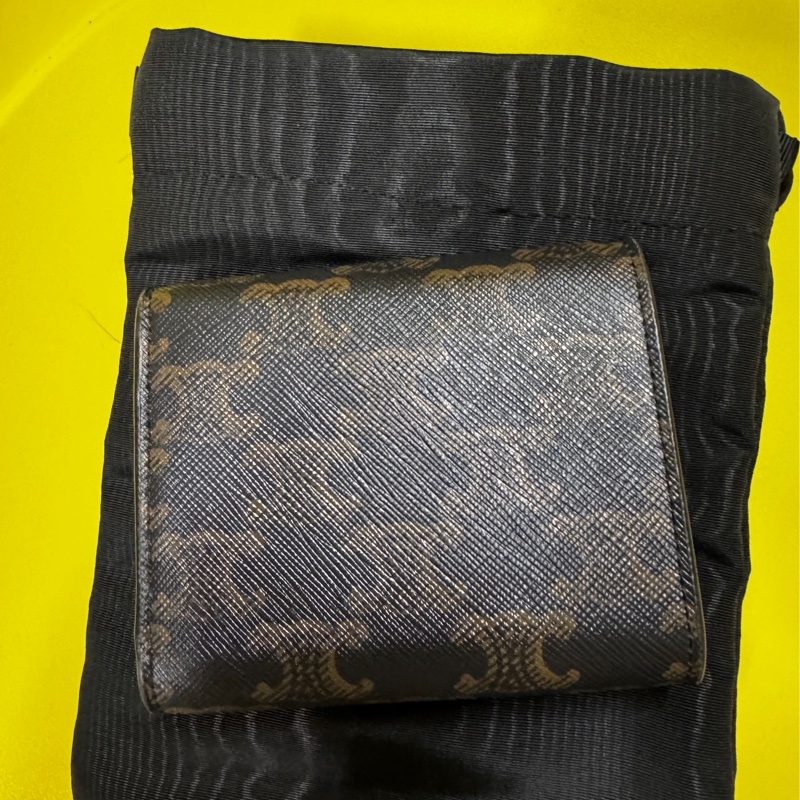 CELINE Triomphe 凱旋門扣三折短夾-老花帆布拼小牛皮黃褐-6