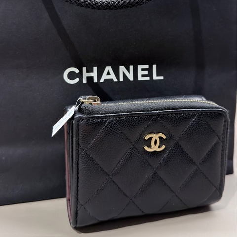Chanel L型拉鍊三折迷你短夾/黑金/芯片款/95新