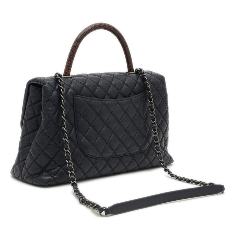 香奈兒海軍藍魚子醬皮革頂把手兩用單肩包 A92992-1