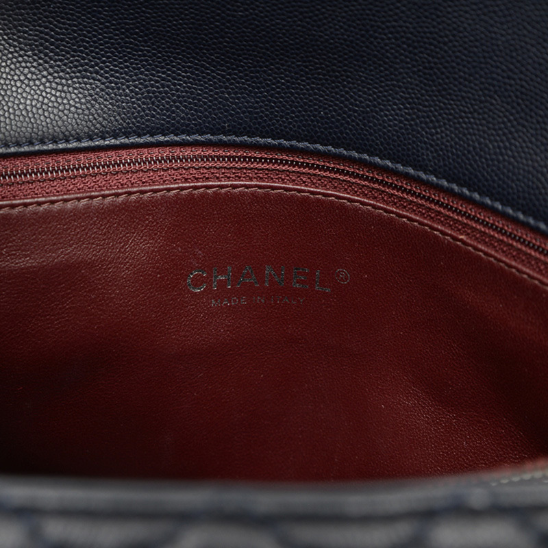 香奈兒海軍藍魚子醬皮革頂把手兩用單肩包 A92992-7