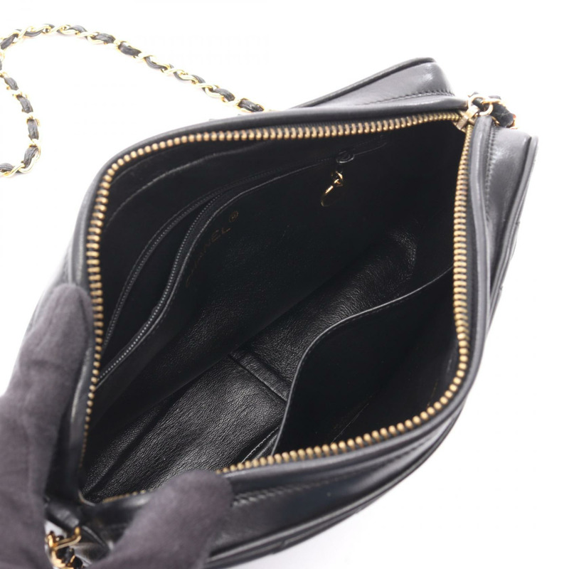 香奈兒菱形絎縫斜背包鏈條單肩包小羊皮黑色 GHW 二手-2