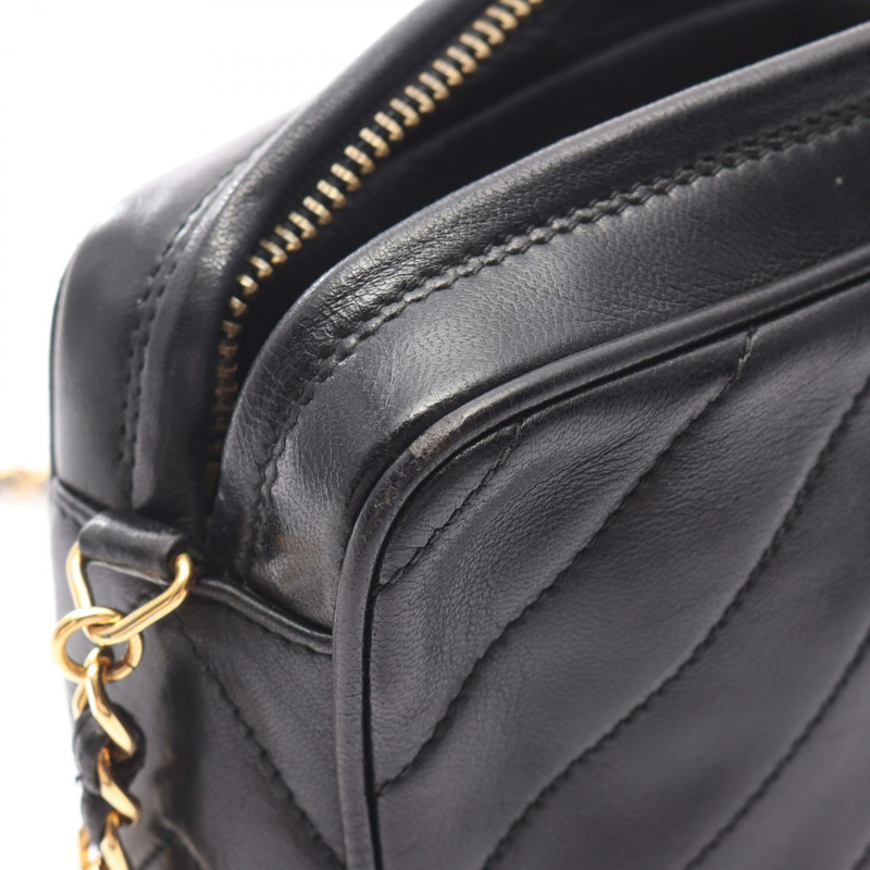 香奈兒菱形絎縫斜背包鏈條單肩包小羊皮黑色 GHW 二手-7