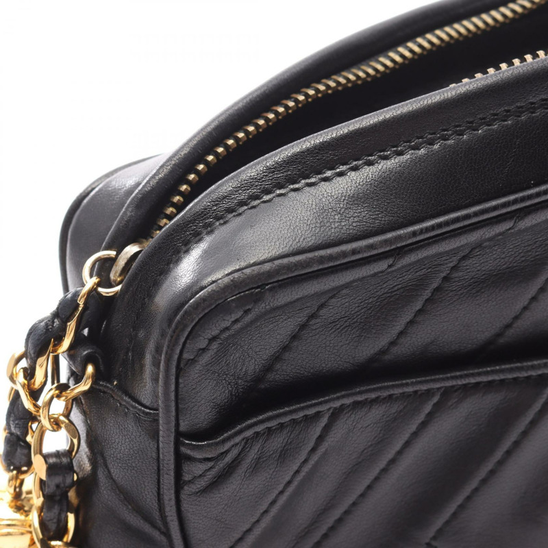 香奈兒菱形絎縫斜背包鏈條單肩包小羊皮黑色 GHW 二手-8