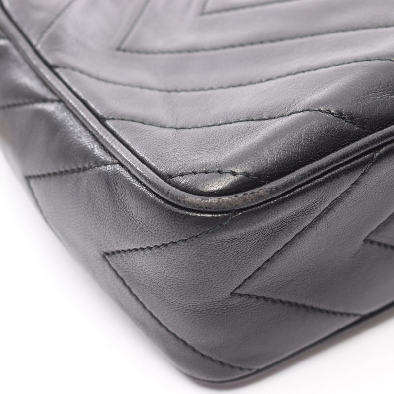 香奈兒菱形絎縫斜背包鏈條單肩包小羊皮黑色 GHW 二手-10