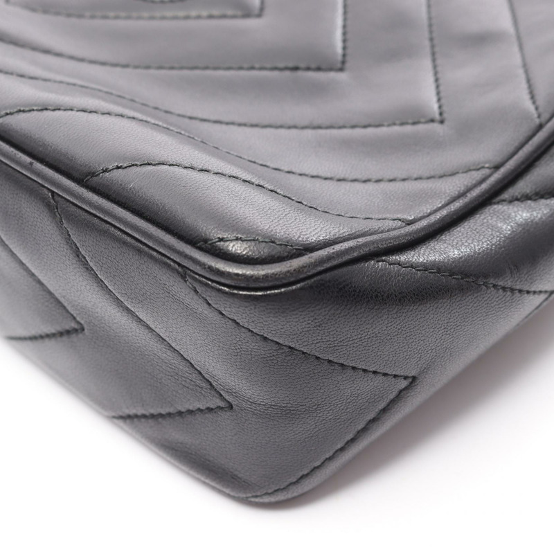 香奈兒菱形絎縫斜背包鏈條單肩包小羊皮黑色 GHW 二手-11