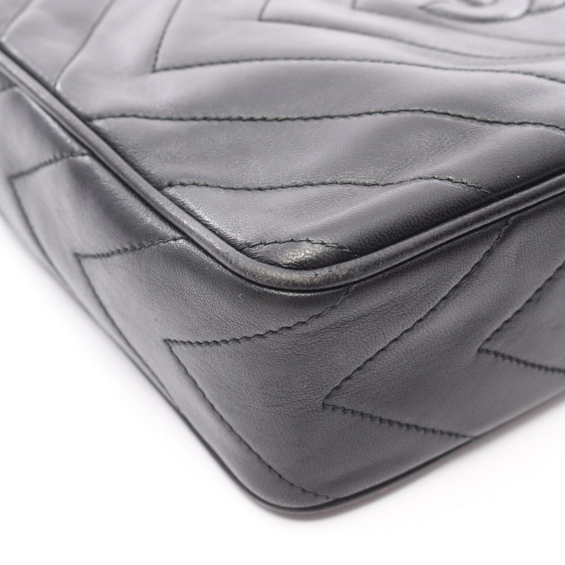 香奈兒菱形絎縫斜背包鏈條單肩包小羊皮黑色 GHW 二手-12