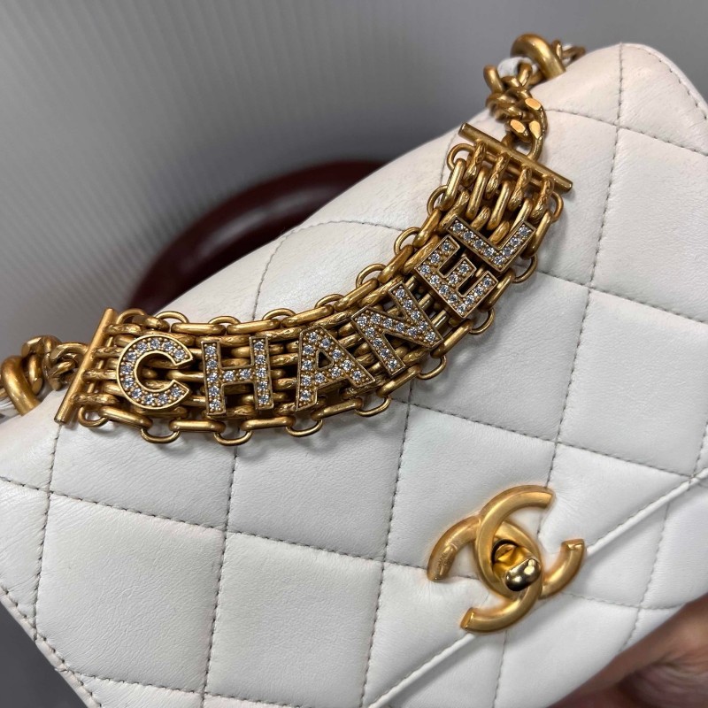 CHANEL 香奈兒 22S 方胖子鏈條包 白金 光面牛皮 鏤空字母水鑽手柄 手提包肩背包斜背包 晶片款-3