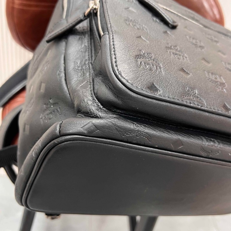 MCM 黑色老花 牛皮 新款中號 後背包 雙肩包-9