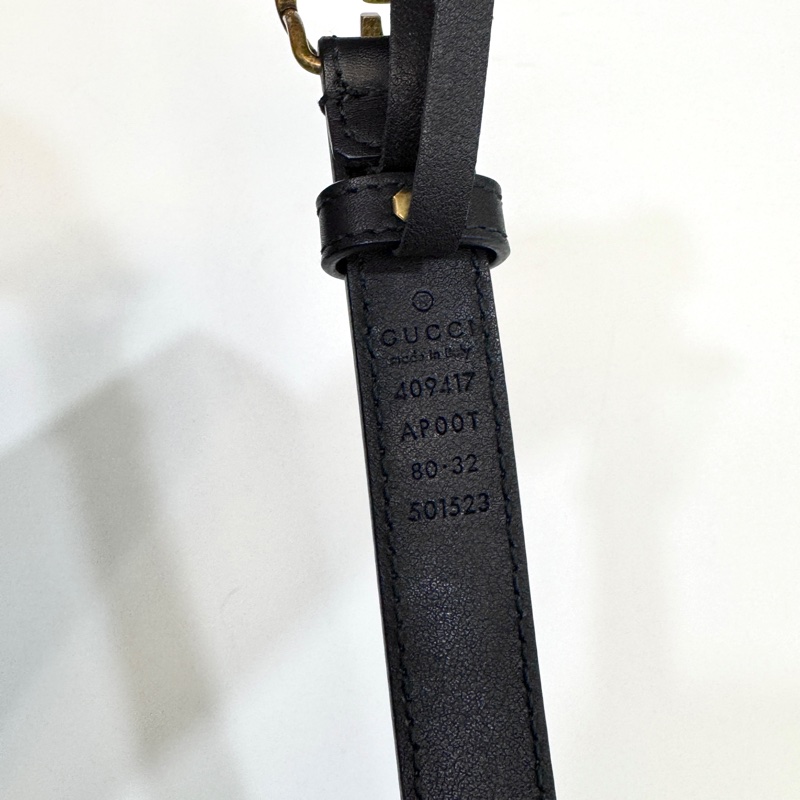 Gucci黑金牛皮GG Marmonty窄版皮帶80CM  409417-5