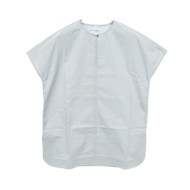 愛馬仕無領女襯衫,法式袖,棉質,藍色,二手,女款 #34-0