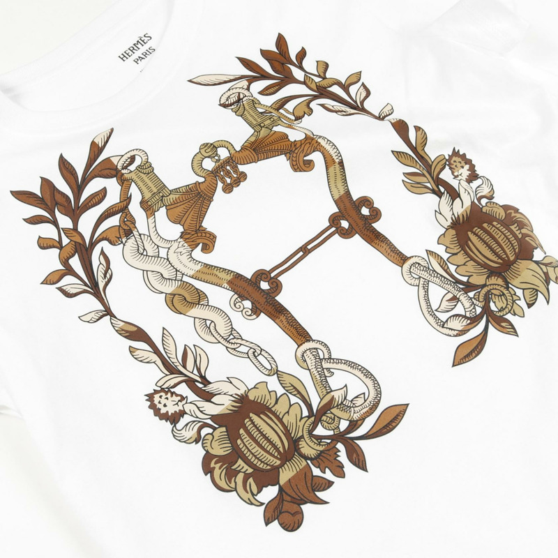 愛馬仕 Cartouche della Cavalleria T恤衫 純棉 白色 棕色 女款 #34-6