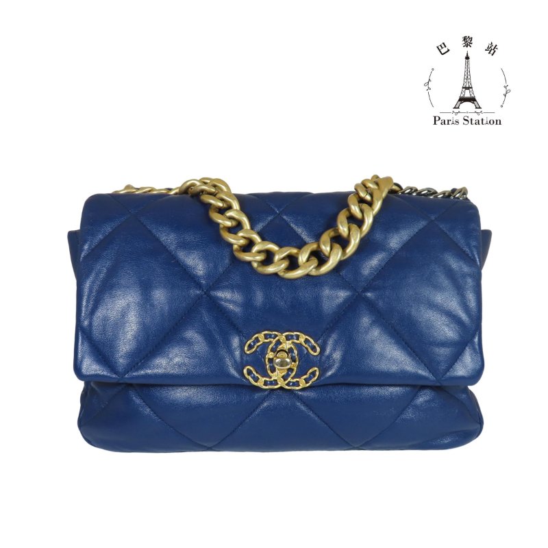 【巴黎站二手名牌專賣店】＊現貨＊CHANEL 香奈兒 真品＊19系列藍色皮革金釦手提斜背鏈包30-0