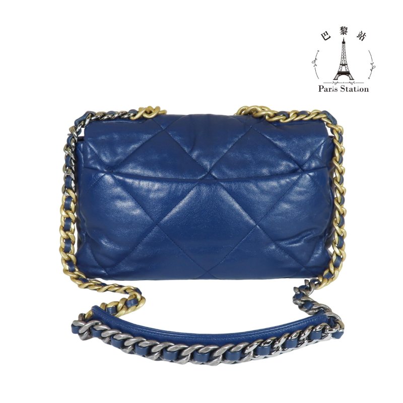 【巴黎站二手名牌專賣店】＊現貨＊CHANEL 香奈兒 真品＊19系列藍色皮革金釦手提斜背鏈包30-1