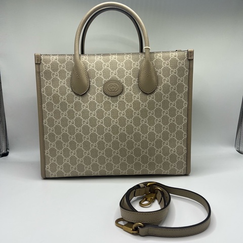 GUCCI古驰 GG Retro系列 老花Logo互扣双G徽标大容量 帆布拼皮 托特Tote包购物袋单肩斜挎手提包