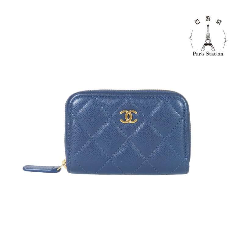 【巴黎站二手名牌專賣】＊現貨＊CHANEL 香奈兒 真品＊海軍藍色菱格荔枝紋牛皮淡金色雙C拉鍊零錢包-0