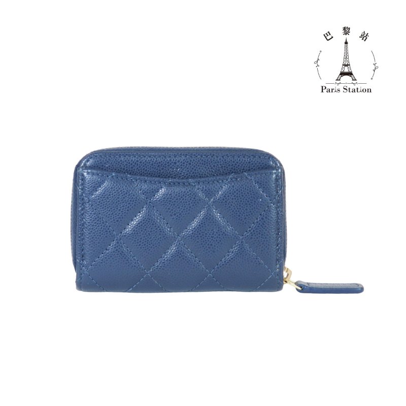 【巴黎站二手名牌專賣】＊現貨＊CHANEL 香奈兒 真品＊海軍藍色菱格荔枝紋牛皮淡金色雙C拉鍊零錢包-1