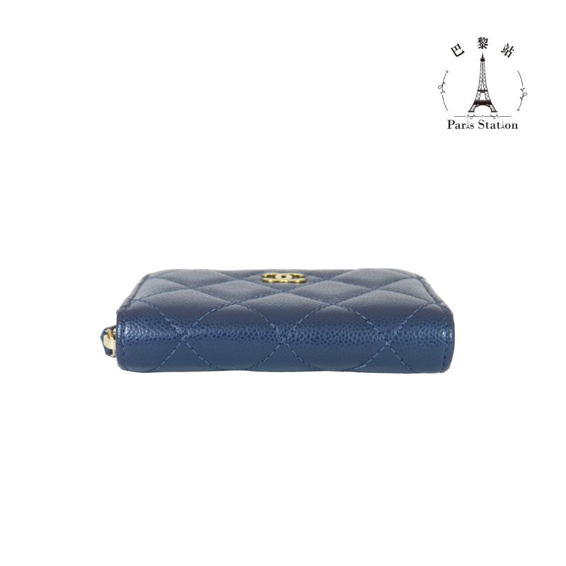 【巴黎站二手名牌專賣】＊現貨＊CHANEL 香奈兒 真品＊海軍藍色菱格荔枝紋牛皮淡金色雙C拉鍊零錢包-2
