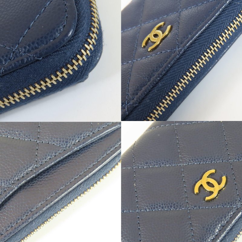 【巴黎站二手名牌專賣】＊現貨＊CHANEL 香奈兒 真品＊海軍藍色菱格荔枝紋牛皮淡金色雙C拉鍊零錢包-6