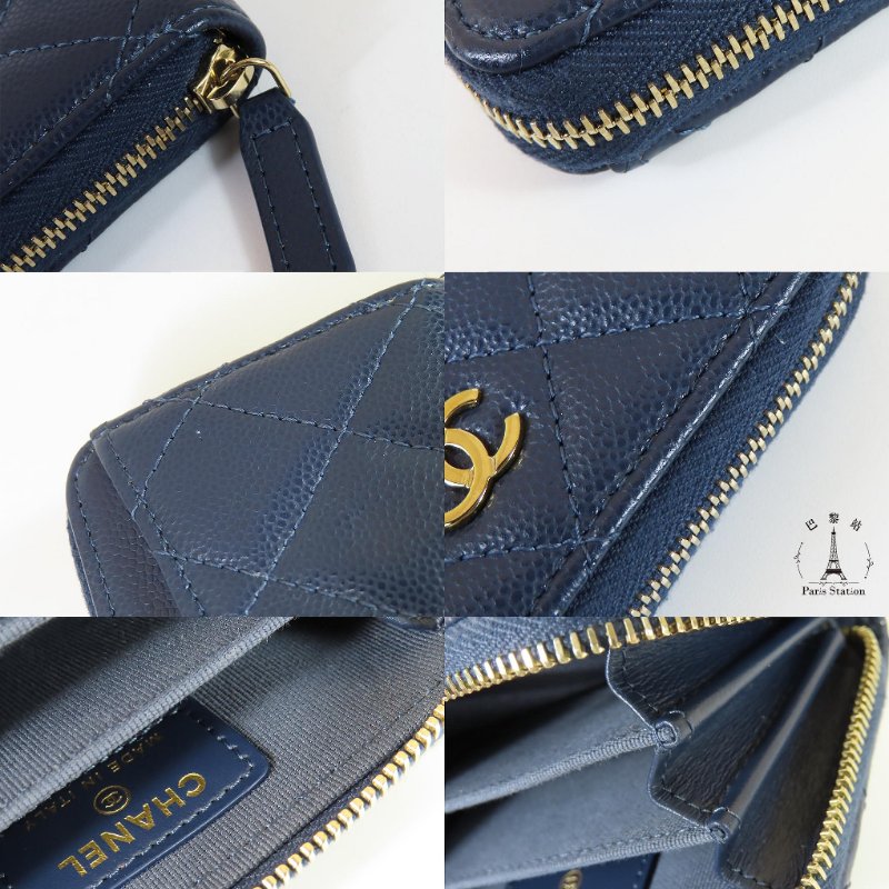 【巴黎站二手名牌專賣】＊現貨＊CHANEL 香奈兒 真品＊海軍藍色菱格荔枝紋牛皮淡金色雙C拉鍊零錢包-7