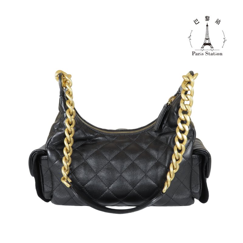 【巴黎站二手名牌專賣店】*現貨*CHANEL 香奈兒 真品*AS5339黑色菱格紋小羊皮前雙口袋金鏈HOBO肩背流浪包-1