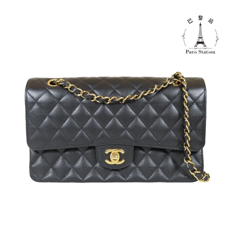 【巴黎站二手名牌專賣店】＊現貨＊CHANEL香奈兒真品＊經典黑色菱格紋荔枝牛皮金雙C COCO 25 金鏈肩背包-0