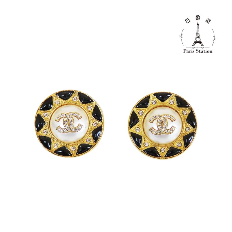 【巴黎站二手名牌專賣店】*現貨*CHANEL 香奈兒 真品*AB2024 金色圓形水鑽珍珠雙C針式耳環-0