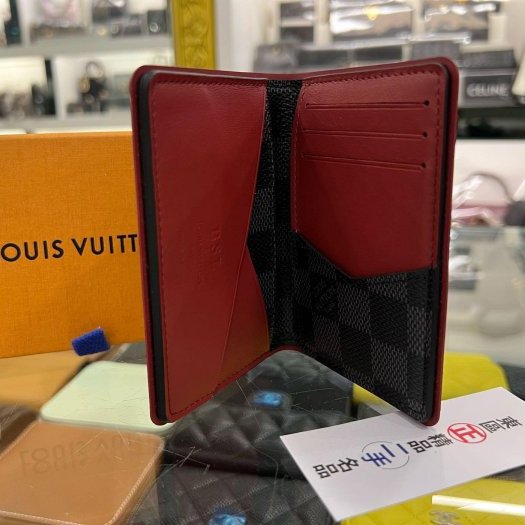 東區正精品㊣LOUIS VUITTON LV N63257 黑灰色棋盤格紅邊對折名片夾名片套卡片夾 RZ5956-1