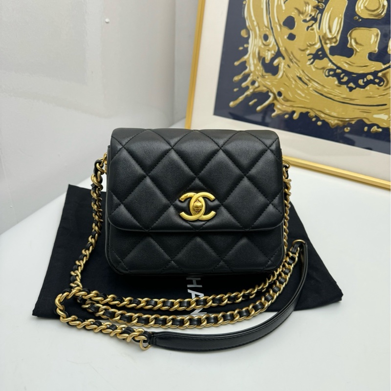 【閒置❤️】 Chanel 方胖子鏈條包 芯片款 黑金羊皮 單肩斜挎包-0